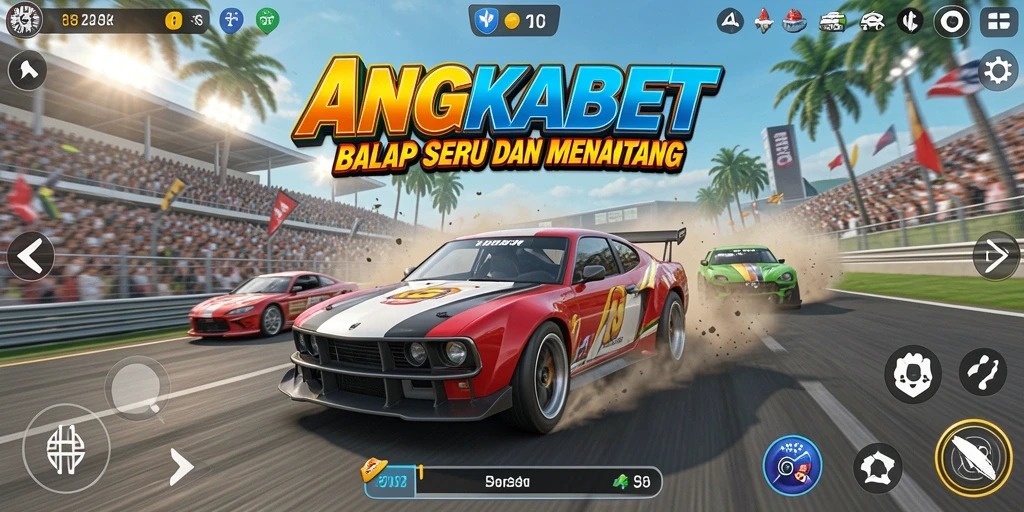 Tangkapan layar utama ANGKABET menampilkan aksi balapan mendebarkan.
