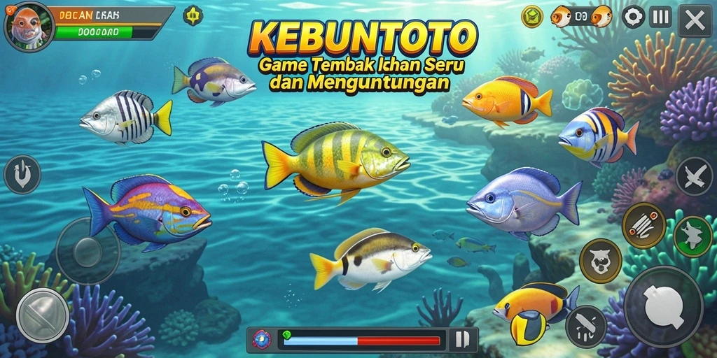 Screenshot KEBUNTOTO menampilkan aksi menembak ikan yang seru.