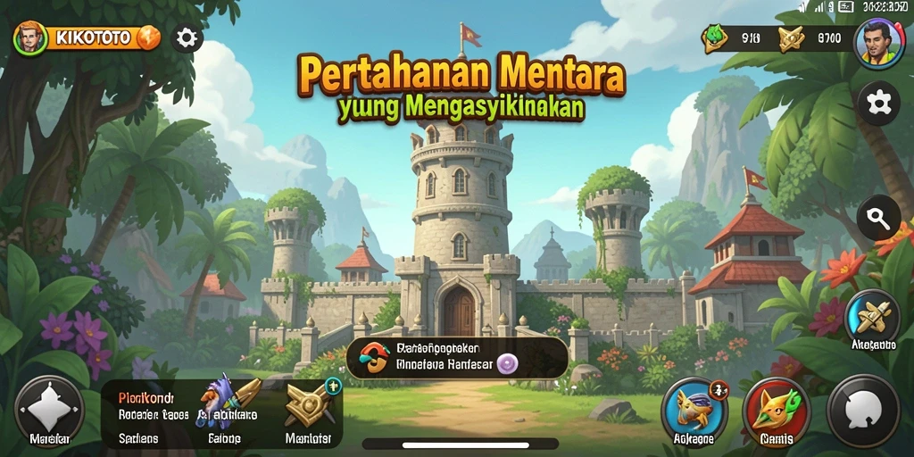 Tangkapan layar gameplay KIKOTOTO yang menampilkan menara dan musuh di lapangan tempur.